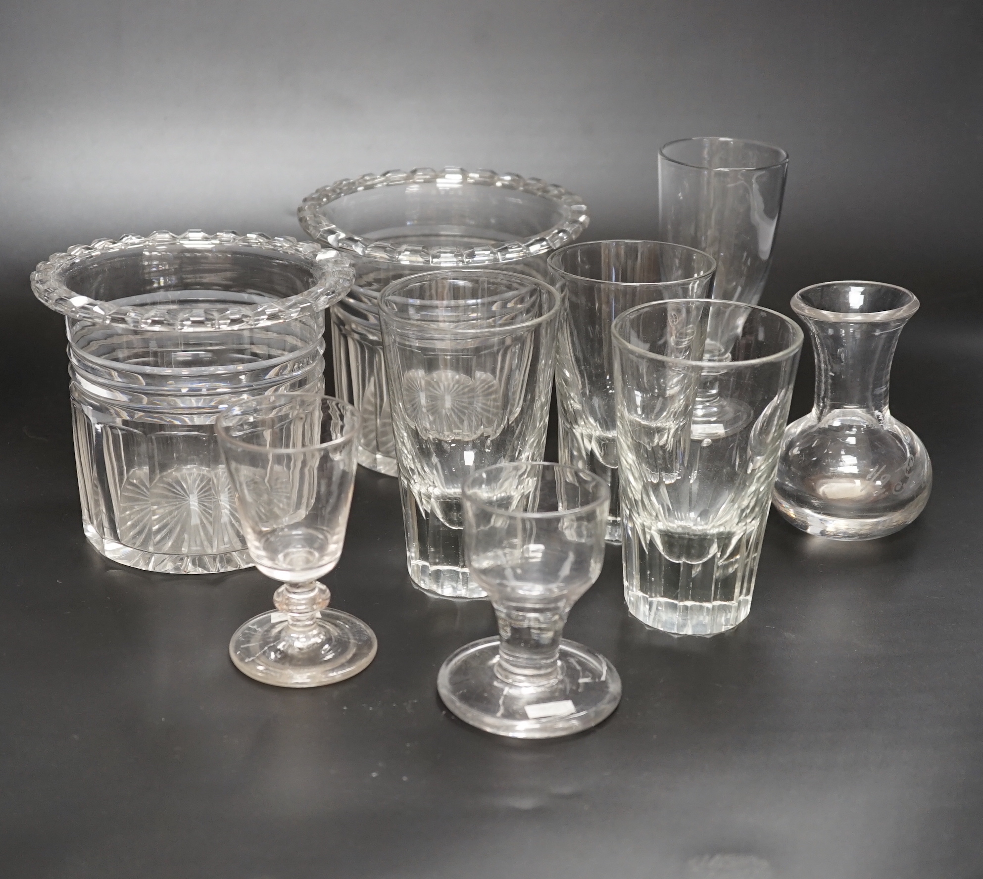 Thirteen 19th century glass items, including a set of four beakers, a pair of vases, stemmed glasses, etc. tallest 14cm